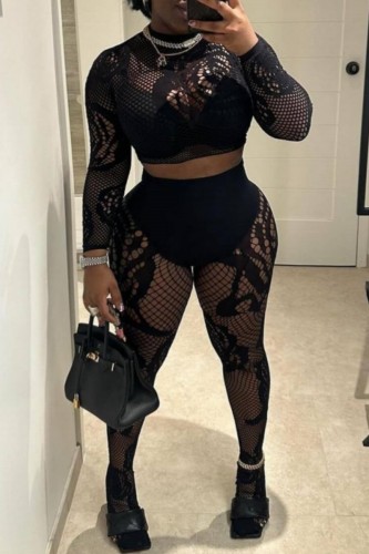 Black Sexy Hot Solid Color Hollow Out See-Through O Neck Long Sleeve Two Pieces