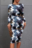 Blue Pink Casual Striped Print Tie Dye Contrast O Neck Printed Dresses