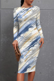 Blue Pink Casual Striped Print Tie Dye Contrast O Neck Printed Dresses