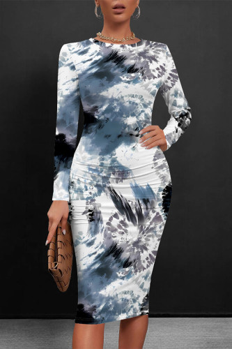 Medium Blue Casual Striped Print Tie Dye Contrast O Neck Printed Dresses