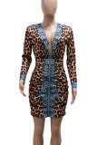 Pink Casual Leopard Print Patchwork Deep V Neck Wrapped Skirt Dresses