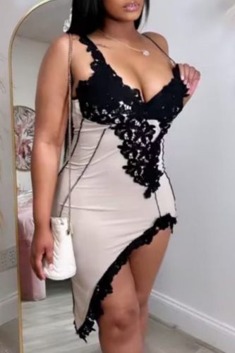 Champagne Sexy Patchwork Backless Spaghetti Strap Irregular Dresses