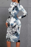 Blue Pink Casual Striped Print Tie Dye Contrast O Neck Printed Dresses
