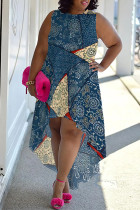 Blue Casual Street Floral Print Irregular Contrast O Neck Irregular Plus Size Dresses