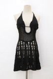 Black Sexy Solid Color Hollow Out Backless Belted Halter Beach Dresses