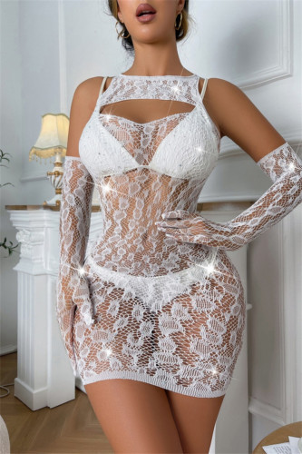 White Sexy Living Patchwork Hot Drilling Hollowed Out See-through Lingerie