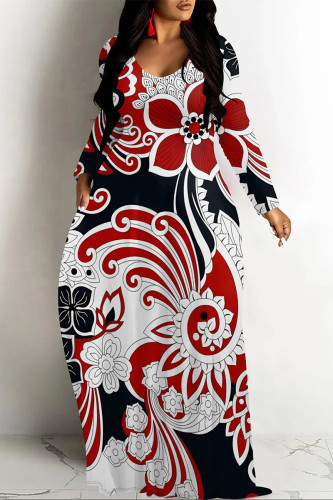 Black Red Casual Street Floral Print Pocket Contrast V Neck Printed Dresses