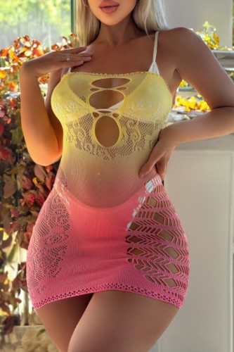 Yellow Pink Sexy Gradient Hollow Out See-Through Backless Lingerie