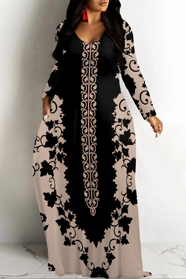 Light Pink Casual Street Floral Print Pocket Contrast V Neck Printed Dresses