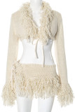 Apricot Sexy Solid Color Fringed Trim Patchwork Deep V Neck Long Sleeve Two Pieces