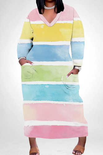 Pink Yellow Casual Colorblock Pocket Patchwork V Neck Straight Plus Size Dresses