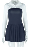 Black Casual Patchwork Contrast V Neck Wrapped Skirt Dresses