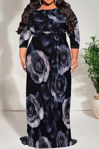 Black Purple Casual Print Patchwork O Neck Long Plus Size Dresses