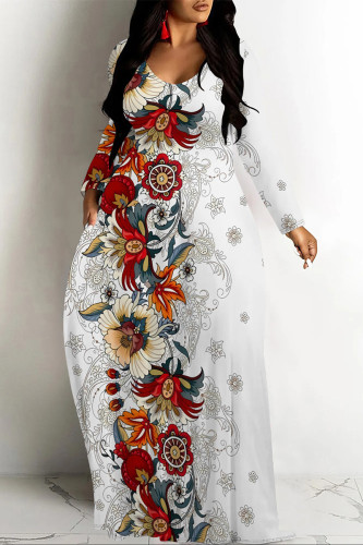 White Casual Street Floral Print Pocket Contrast V Neck Printed Dresses