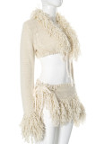 Apricot Sexy Solid Color Fringed Trim Patchwork Deep V Neck Long Sleeve Two Pieces