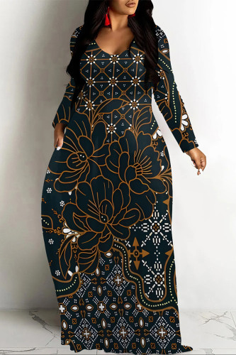 Ink Green Casual Street Floral Print Pocket Contrast V Neck Printed Dresses