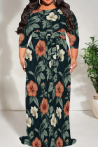 Ink Green Casual Print Patchwork O Neck Long Plus Size Dresses