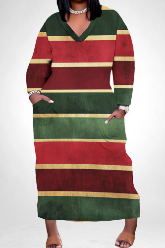 Red Green Casual Colorblock Pocket Patchwork V Neck Straight Plus Size Dresses