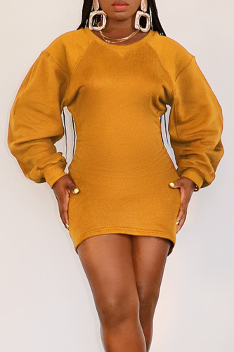 Brown Yellow Casual Solid Color Hollow Out Patchwork O Neck Wrapped Skirt Dresses