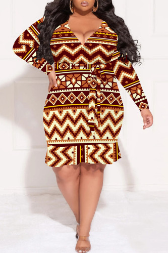 Orange Casual National Totem Lace Up Ruffle Contrast V Neck Printed Plus Size Dresses
