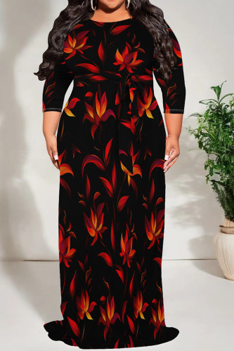 Black Red Casual Print Patchwork O Neck Long Plus Size Dresses