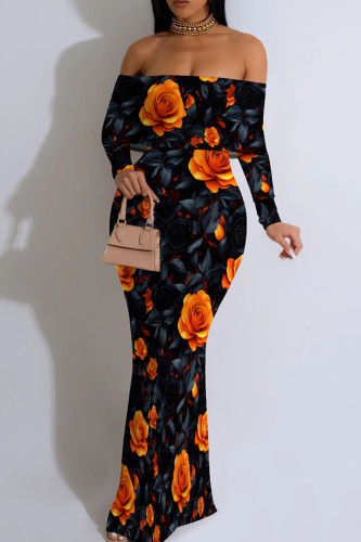 Orange Black Elegant Print Patchwork Backless Off Shoulder Long Dresses