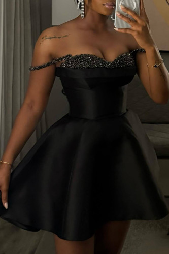 Black Sexy Solid Color Sequins Patchwork Backless Spaghetti Strap A Line Dresses