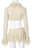 Apricot Sexy Solid Color Fringed Trim Patchwork Deep V Neck Long Sleeve Two Pieces