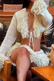 Apricot Sexy Solid Color Fringed Trim Patchwork Deep V Neck Long Sleeve Two Pieces