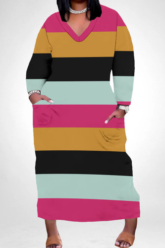 Rose Red Casual Colorblock Pocket Patchwork V Neck Straight Plus Size Dresses