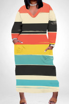 Orange Yellow Casual Colorblock Pocket Patchwork V Neck Straight Plus Size Dresses