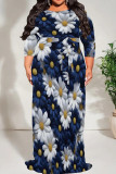 Black Red Casual Print Patchwork O Neck Long Plus Size Dresses