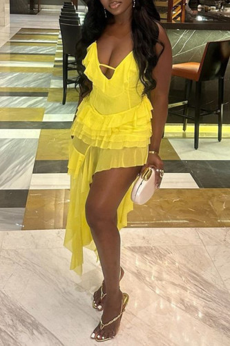 Yellow Sexy Solid Color Patchwork See-Through Spaghetti Strap Irregular Dresses