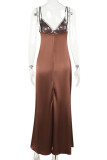 Brown Sexy Solid Color Patchwork Backless Spaghetti Strap Sling Dresses