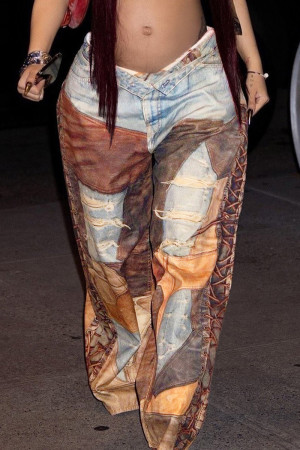 Brown Casual Print Buckle Patchwork Loose Mid Waist Conventional Full Print Bottoms