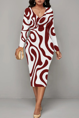 Burgundy Casual Stripe Patchwork V Neck Wrapped Skirt Dresses