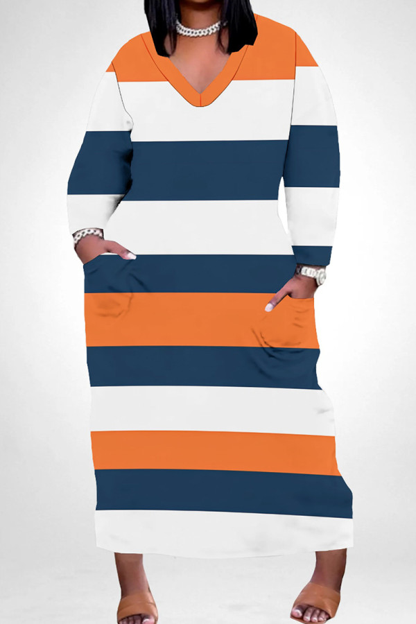 Orange White Casual Colorblock Pocket Patchwork V Neck Straight Plus Size Dresses