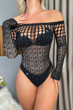 Black Sexy Solid Hollowed Out See-through Hot Drill Lingerie
