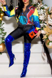 Multi-color Casual Sequins Patchwork Zipper Zipper Collar Tops