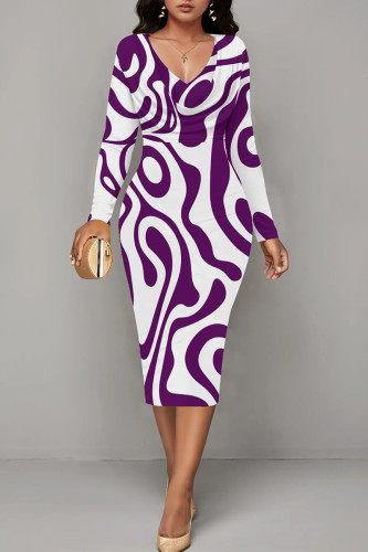 Purple Casual Stripe Patchwork V Neck Wrapped Skirt Dresses