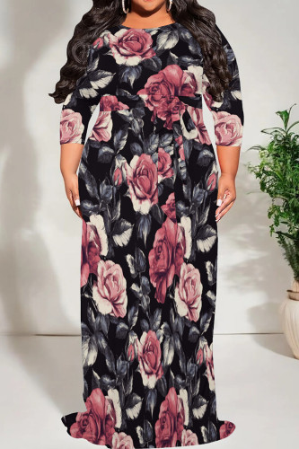 Grey Red Casual Print Patchwork O Neck Long Plus Size Dresses