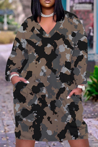 Coffee Casual Camouflage Print Pocket Basic V Neck Long Sleeve Plus Size Dresses