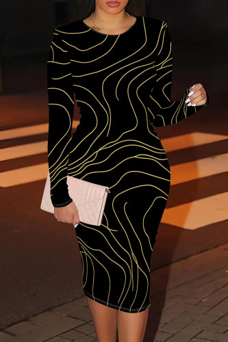 Black Gold Casual Stripe Patchwork O Neck Wrapped Skirt Dresses