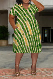 Tangerine Red Casual Colorblock National Totem Print Pocket Contrast V Neck Printed Plus Size Dresses