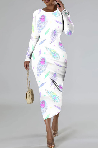 White Purple Casual Print Basic O Neck Long Sleeve Dresses