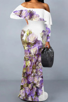 Purple Sexy Flowers Print Ruffle Contrast Off Shoulder Long Dresses