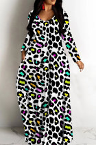 White Casual Leopard Print Basic V Neck Long Dresses