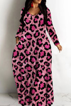 Rose Red Casual Leopard Print Basic V Neck Long Dresses
