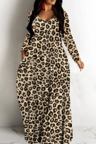Camel Casual Leopard Print Basic V Neck Long Dresses