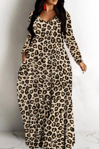 Camel Casual Leopard Print Basic V Neck Long Dresses
